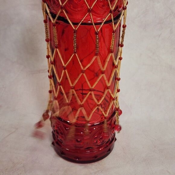 Vtg Red 12.75" Tall Glass Bottle w Hand Beaded Detailing - Picture 3 of 10